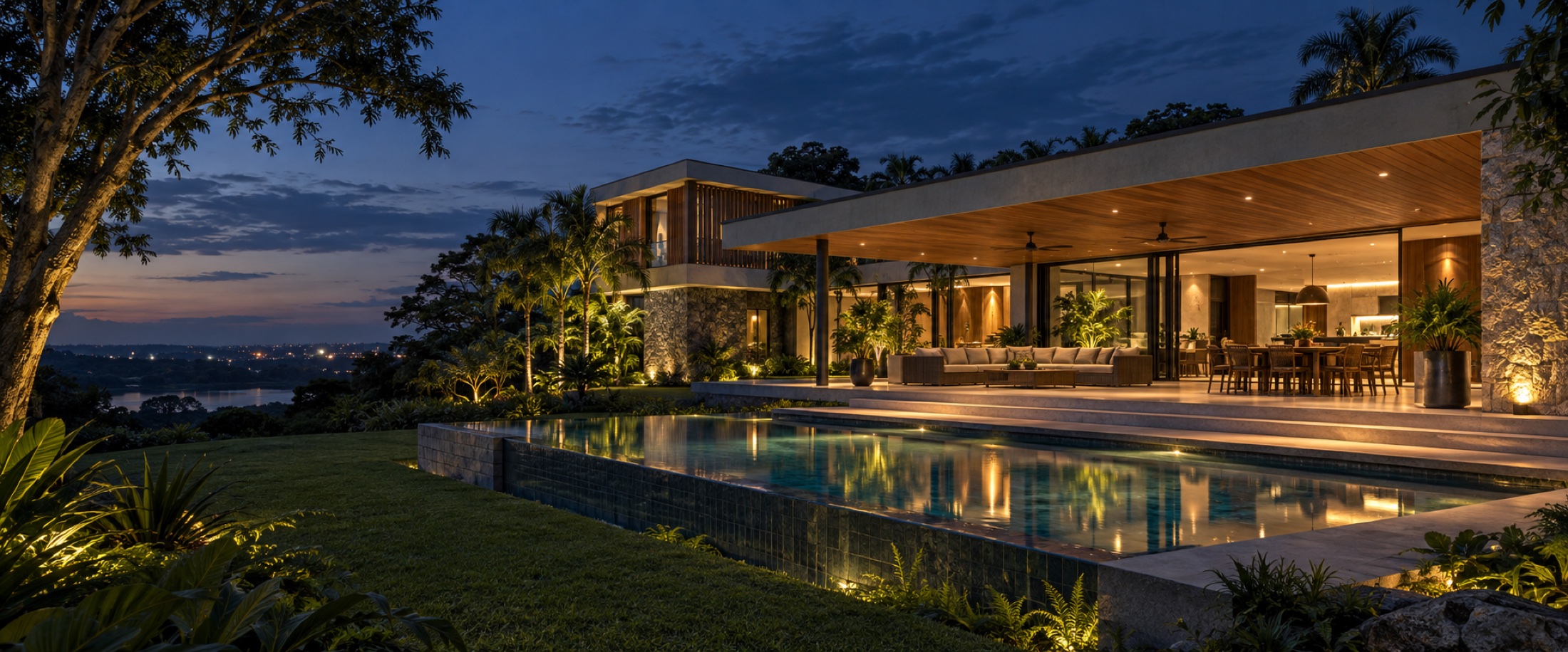 Residência contemporânea cercada por natureza ao entardecer